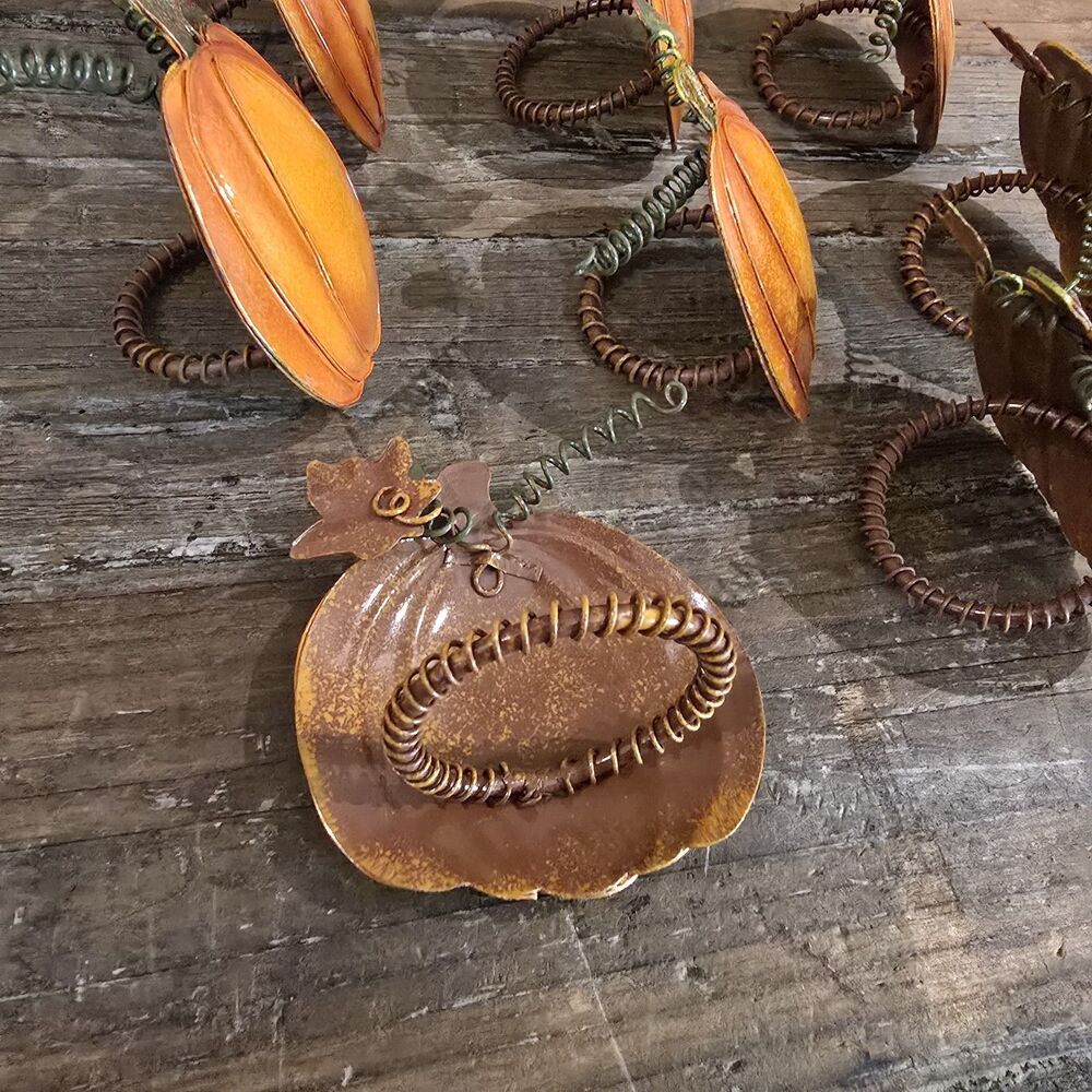 Set of 8 Fall Thanksgiving Metal Pumpkin Napkin Ring Holders Rustic - Picture 3 of 5